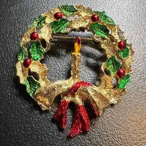 Vintage Gerrys Wreath Brooch Candle‎ Red and Green Enamel Christmas Holiday Pin